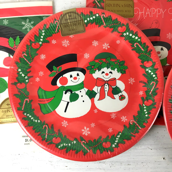 Hallmark snowman paper tableware - vintage placemats, tablecloth and plates - NextStage Vintage