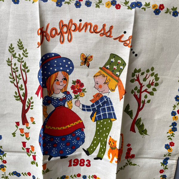 Happiness is... 1983 calendar linen tea towel - vintage kitchen - NextStage Vintage