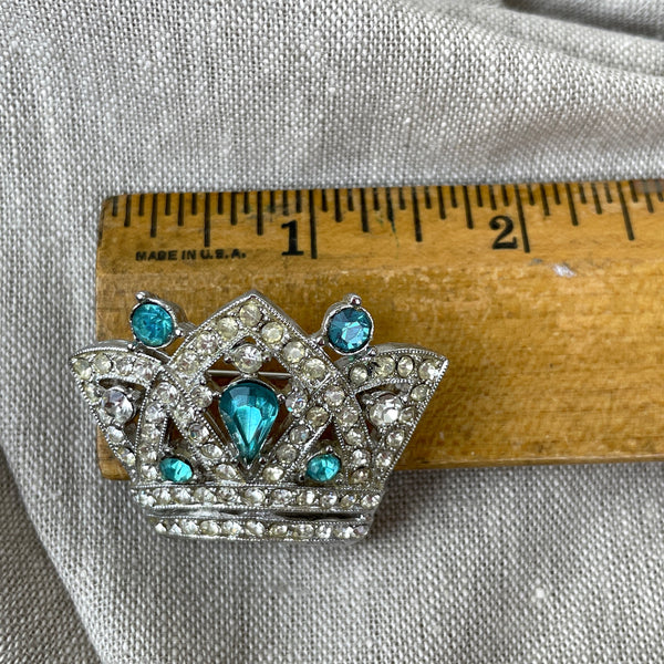 Hattie Carnegie silver aqua crown brooch - 1940s vintage - NextStage Vintage