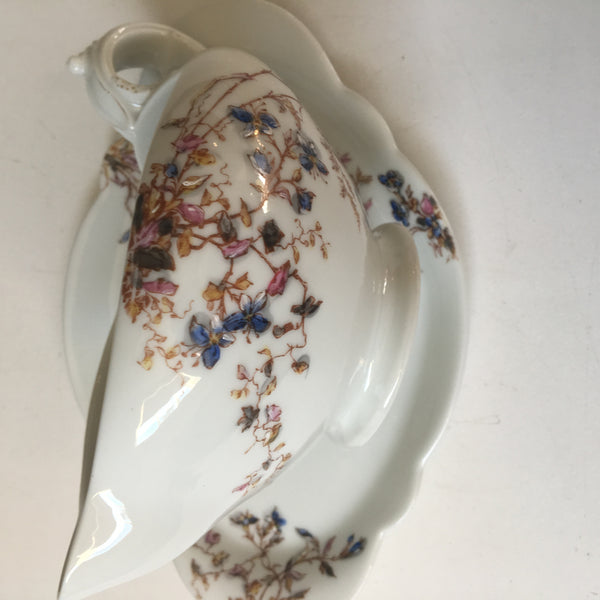 Haviland Limoges gravy or sauce boat with underplate - blue, yellow, pink and brown flowers - NextStage Vintage