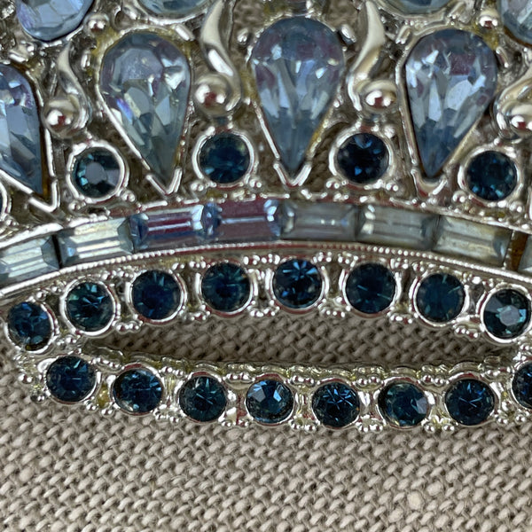 Hollycraft silver and blue rhinestone crown pin - 1960s vintage costume jewelry - NextStage Vintage