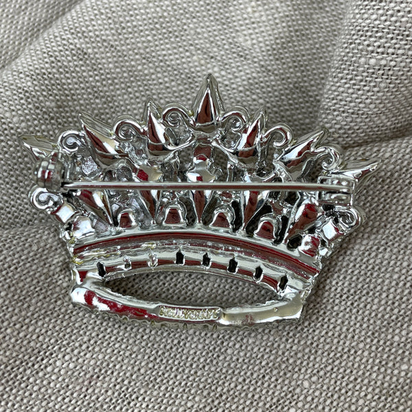 Hollycraft silver and blue rhinestone crown pin - 1960s vintage costume jewelry - NextStage Vintage
