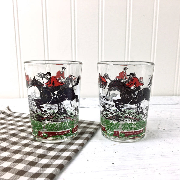 Hazel Atlas Hunt shot glasses - a pair - 1950s vintage - NextStage Vintage