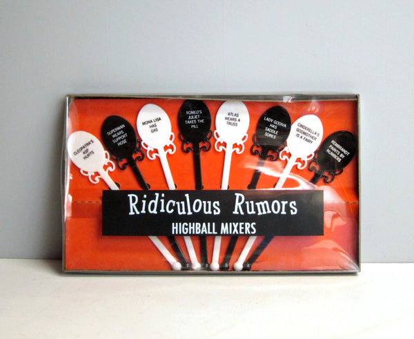 Novelty 1960s swizzle sticks - Ridiculous Rumors Highball Mixers - kitsch tasteless humor barware - NextStage Vintage
