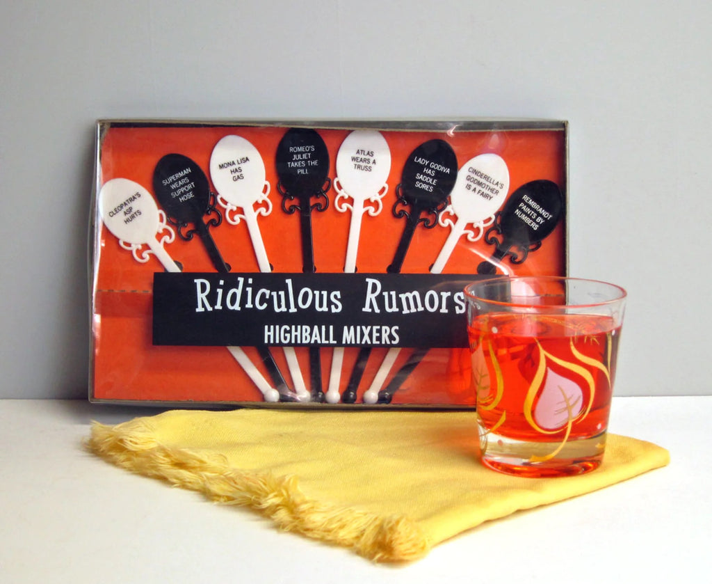 Novelty 1960s swizzle sticks - Ridiculous Rumors Highball Mixers - kitsch tasteless humor barware - NextStage Vintage