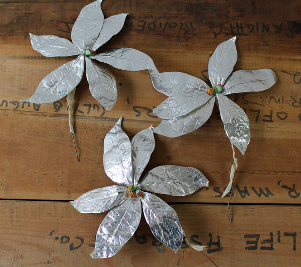 Vintage silver paper poinsettias and holly - retro 1950s Christmas collection - NextStage Vintage