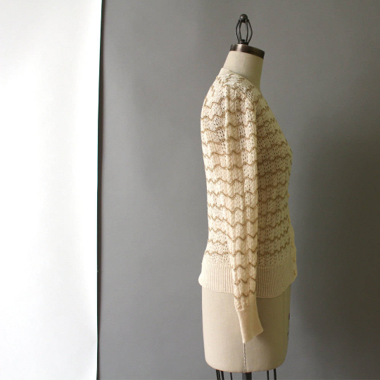 1970s ivory and metallic gold knit cardigan by it's pure Gould - size small - NextStage Vintage