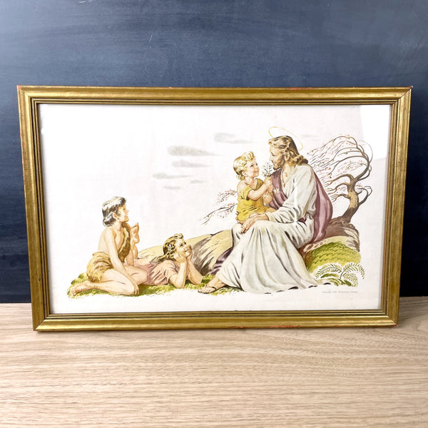 Jesus and children illustration - framed 1940s religious art - NextStage Vintage