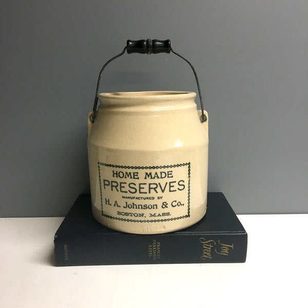 H.A. Johnson & Co. Boston Mass preserves crock with lid - turn of the century stoneware - NextStage Vintage