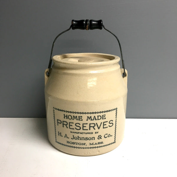 H.A. Johnson & Co. Boston Mass preserves crock with lid - turn of the century stoneware - NextStage Vintage