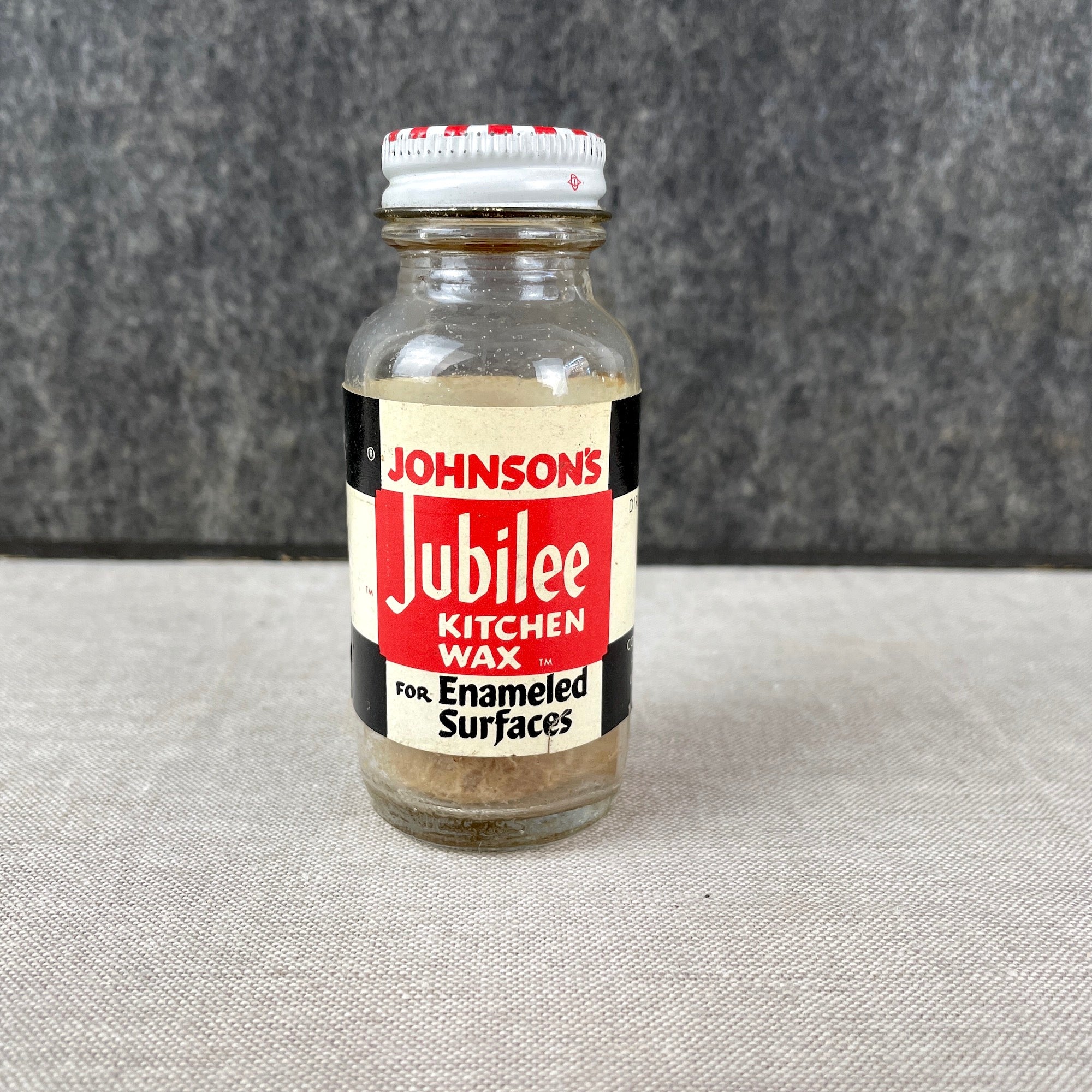 Vintage Johnson's Jubilee Kitchen Wax Glass Bottle With Metal Top