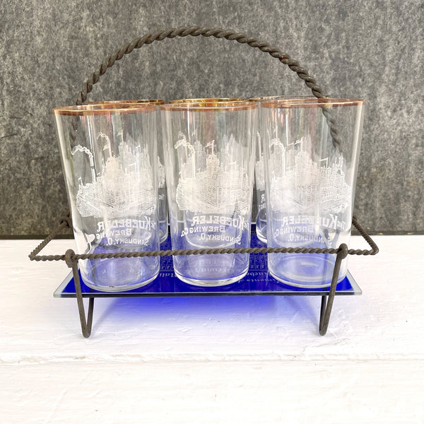 Antique Kuebeler Brewing Co. Sandusky OH 6 glass set with tray - 1896 set - NextStage Vintage
