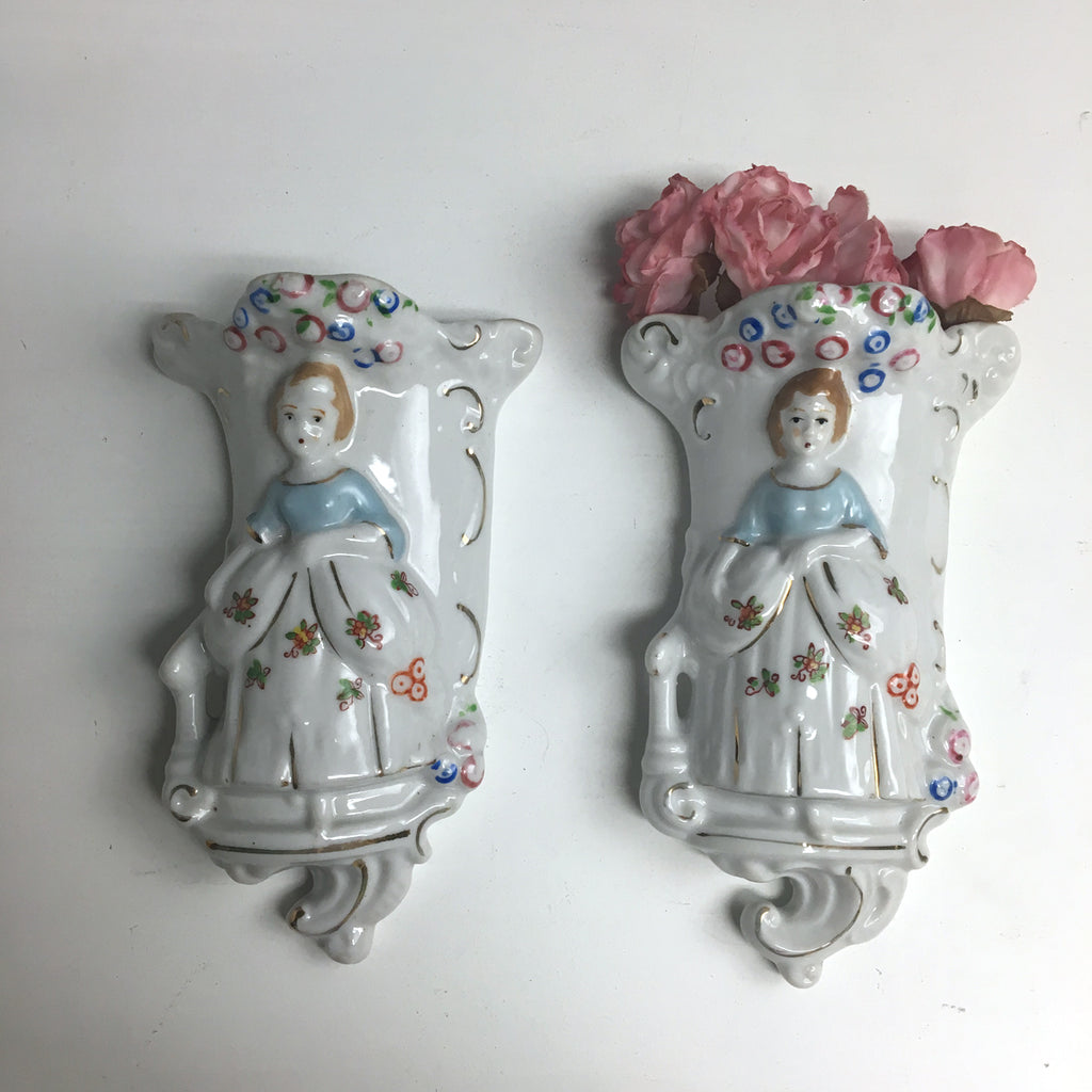 Matching crinoline lady wall pockets - 1950s vintage made in Japan
