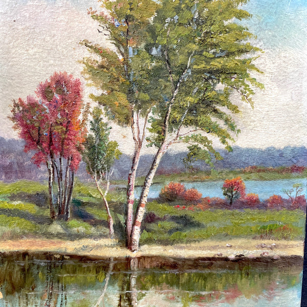 Autumn by a lake painting on board - vintage accent art - NextStage Vintage
