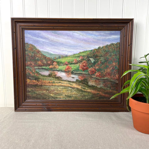 Autumn landscape with river and barn - 1970s plein air framed painting - NextStage Vintage