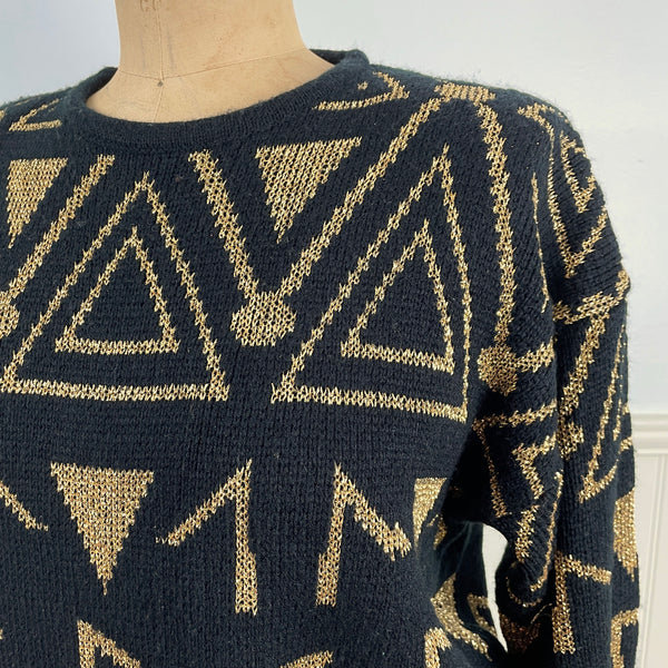 1980s black and gold geometric pullover by Lindsey Blake - size medium - NextStage Vintage