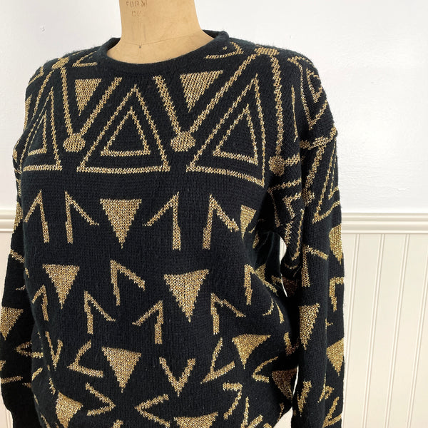 1980s black and gold geometric pullover by Lindsey Blake - size medium - NextStage Vintage