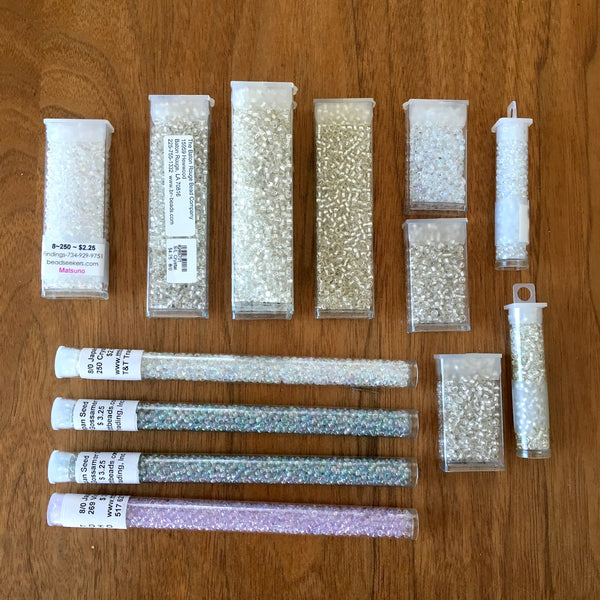Seed bead 8/0 lot - shades of white, luster and iridescent - 14+ tubes - destash - lot 683 - NextStage Vintage