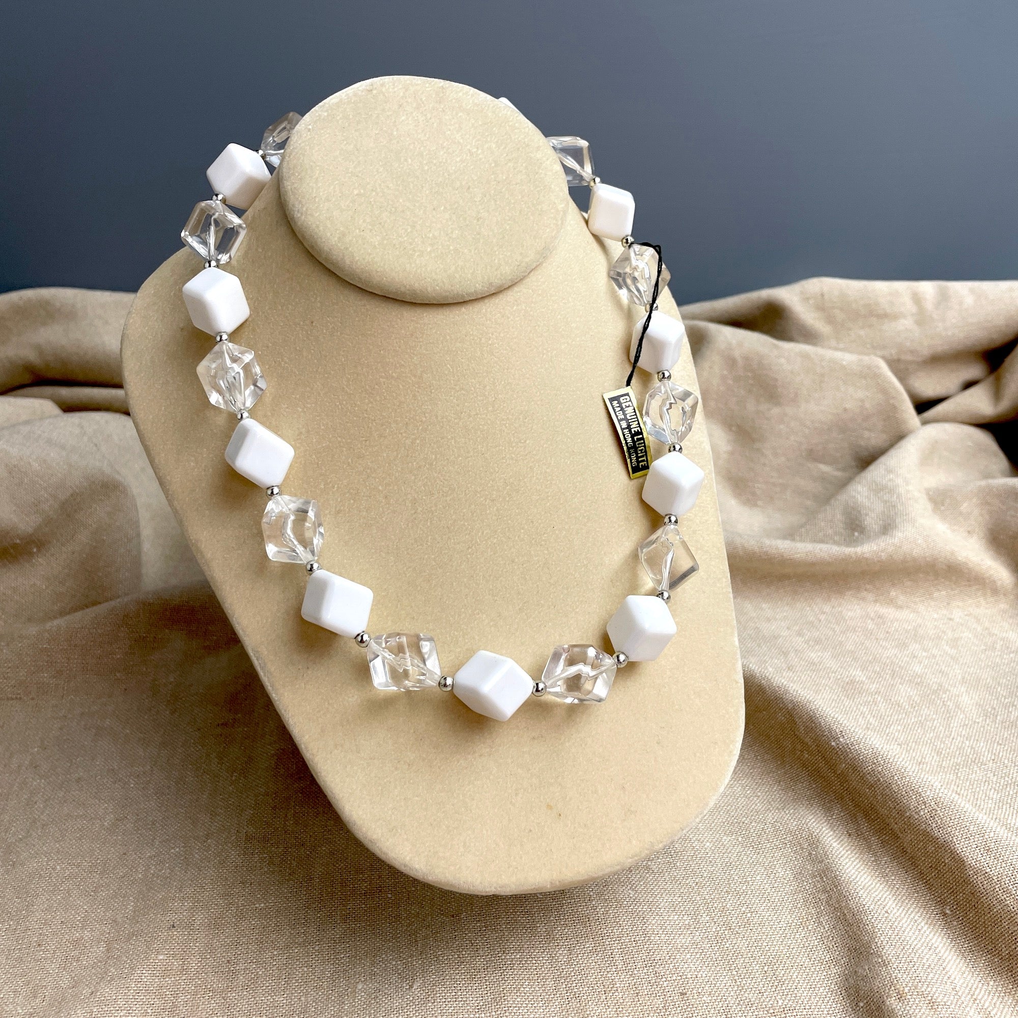 White and clear lucite beaded necklace - 1960s vintage