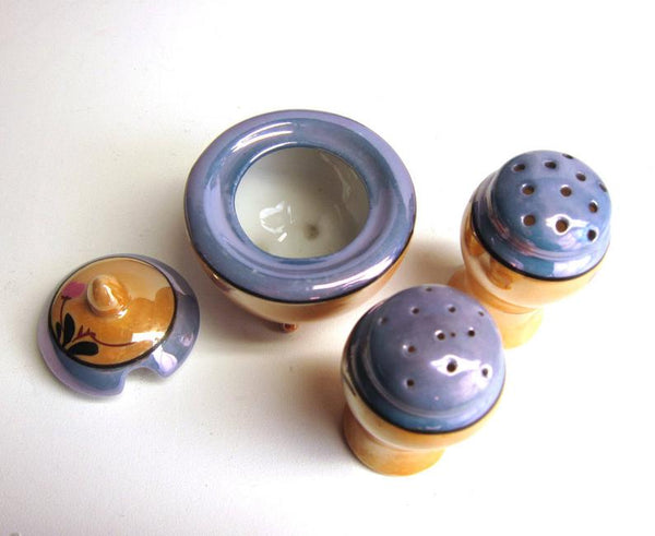 Japanese peach lusterware condiment set - salt and pepper - bird and flower pattern - NextStage Vintage