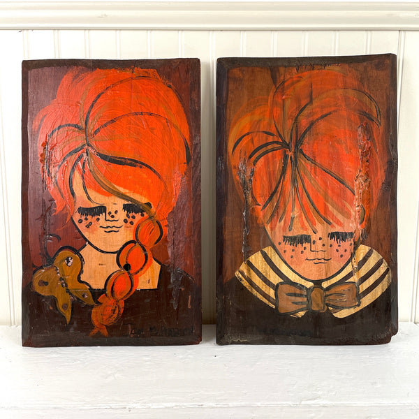 Jan McPherson Rustics painted boy and girl - pine plank art - 1960s - NextStage Vintage