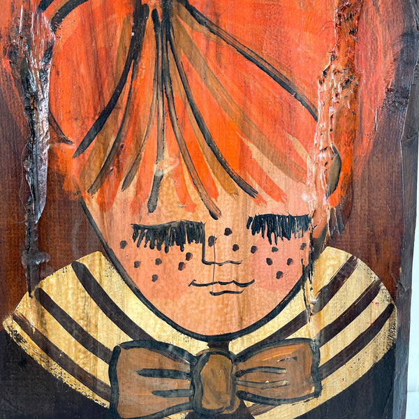 Jan McPherson Rustics painted boy and girl - pine plank art - 1960s - NextStage Vintage