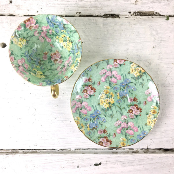 Shelley Melody Chintz oleander shape gold footed teacup and saucer - mint green - NextStage Vintage