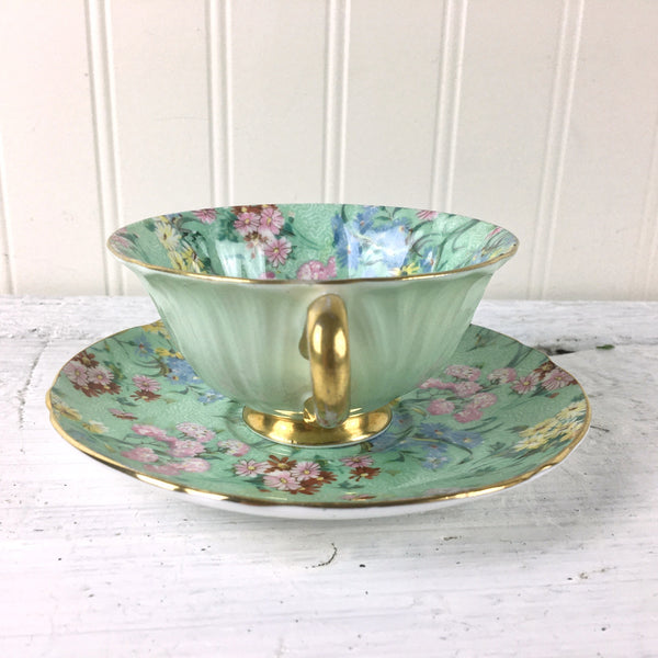 Shelley Melody Chintz oleander shape gold footed teacup and saucer - mint green - NextStage Vintage