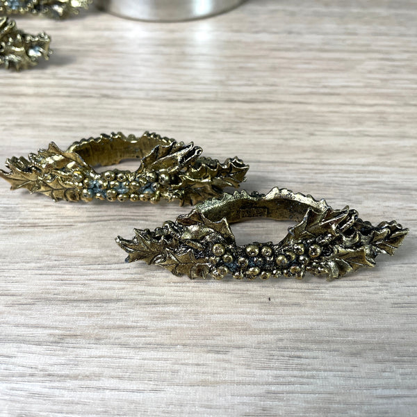 Metzke pewter/brass holly napkin rings - set of 8 - 1990s vintage - NextStage Vintage