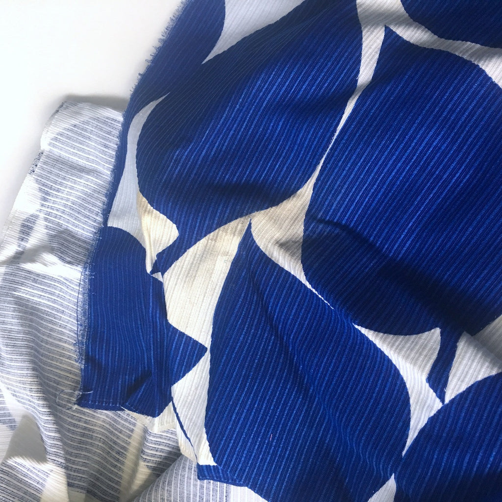 Bold graphic print blue and white / ivory fabrics - 1970s vintage ...