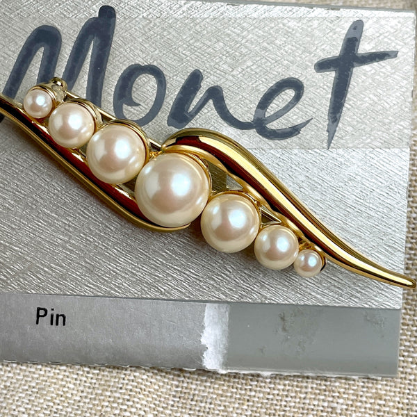 Monet pearls and gold tone bar pin - new on card - vintage costume jewelry - NextStage Vintage