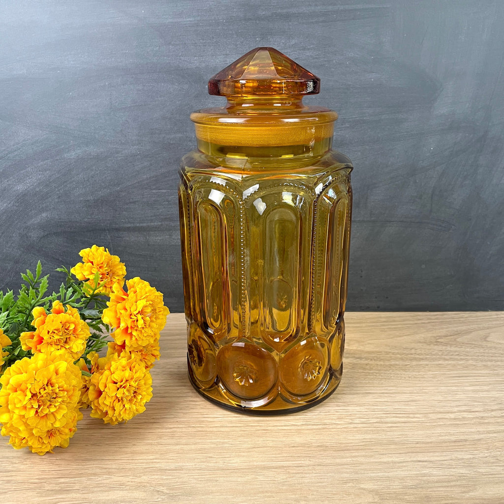 LE Smith moon and stars amber canister - vintage apothecary style jar - NextStage Vintage