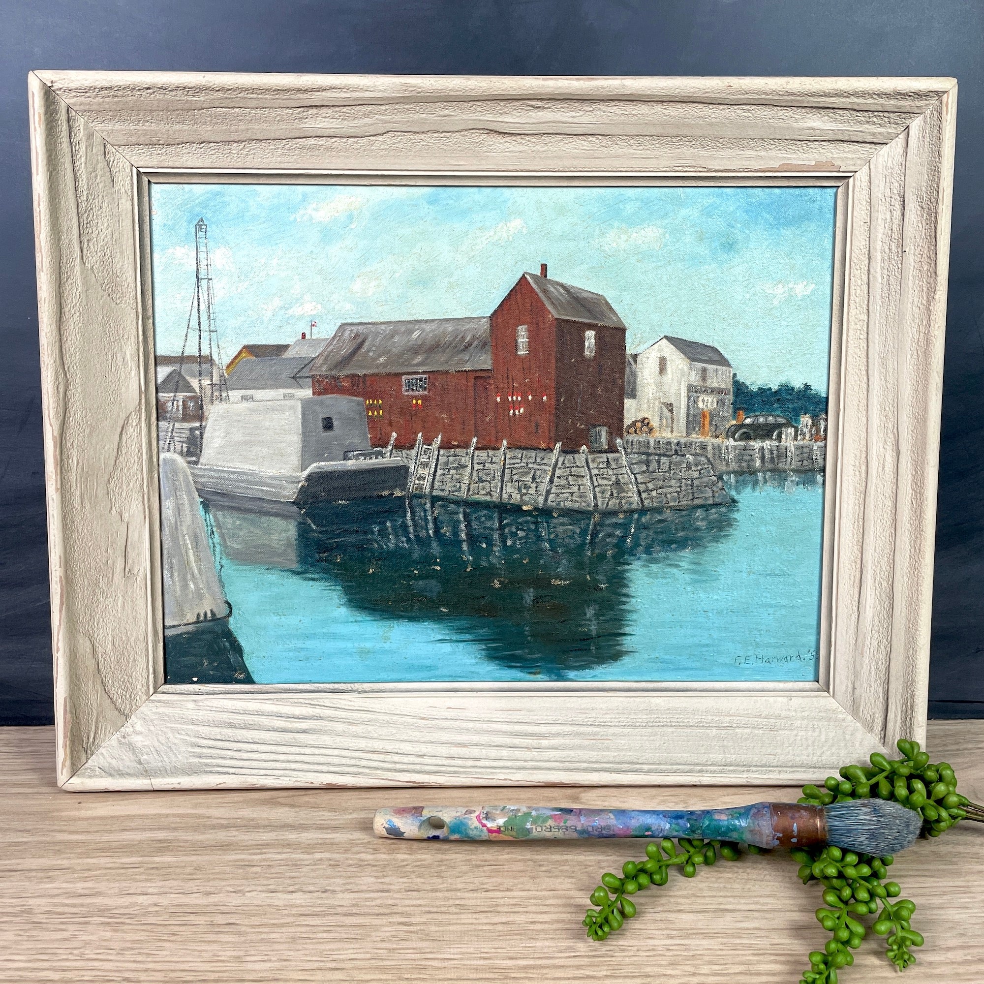 Motif #1 painting - Rockport, MA - 1950s vintage harbor painting