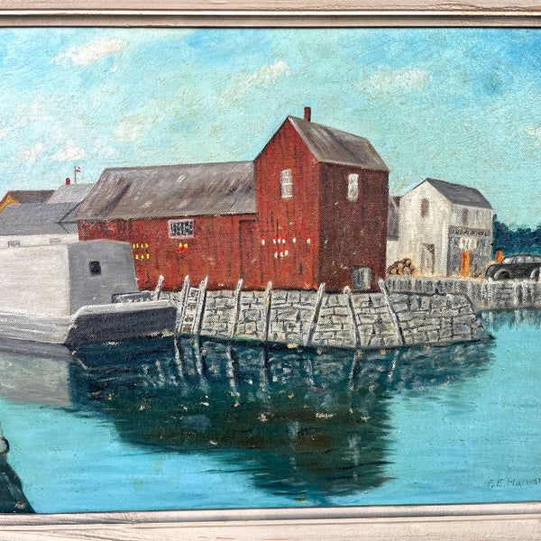 Motif #1 painting - Rockport, MA - 1950s vintage harbor painting - NextStage Vintage