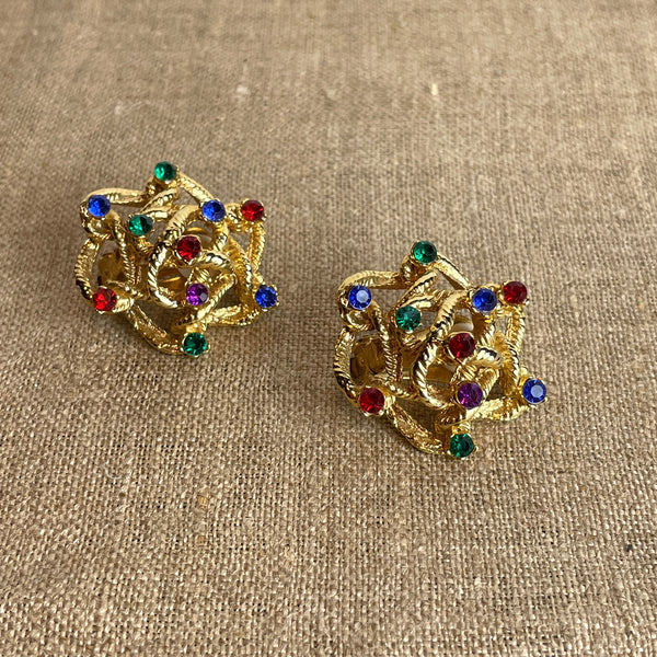 Knotted golden clip on earrings with rhinestones - 1980s vintage costume jewelry - NextStage Vintage