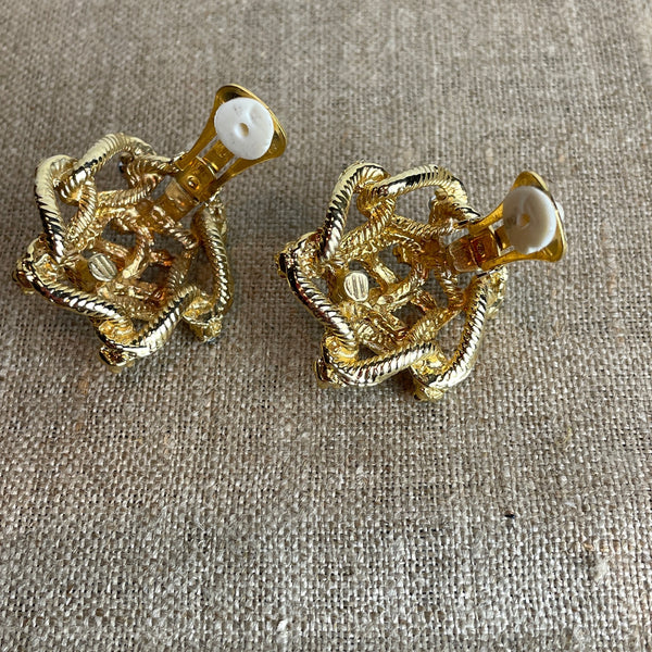 Knotted golden clip on earrings with rhinestones - 1980s vintage costume jewelry - NextStage Vintage