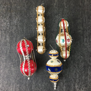 Tiered satin ball ornaments with sequins - set of 4 - vintage 1960s handmade - NextStage Vintage