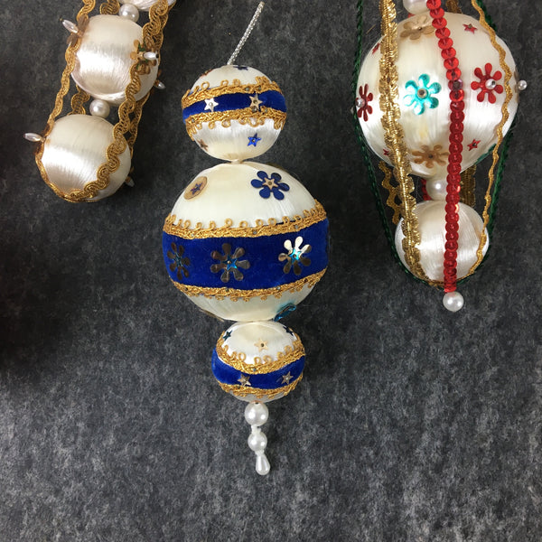 Tiered satin ball ornaments with sequins - set of 4 - vintage 1960s handmade - NextStage Vintage