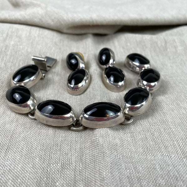 Sterling and onyx bracelet and pierced drop earrings - made in Mexico - NextStage Vintage