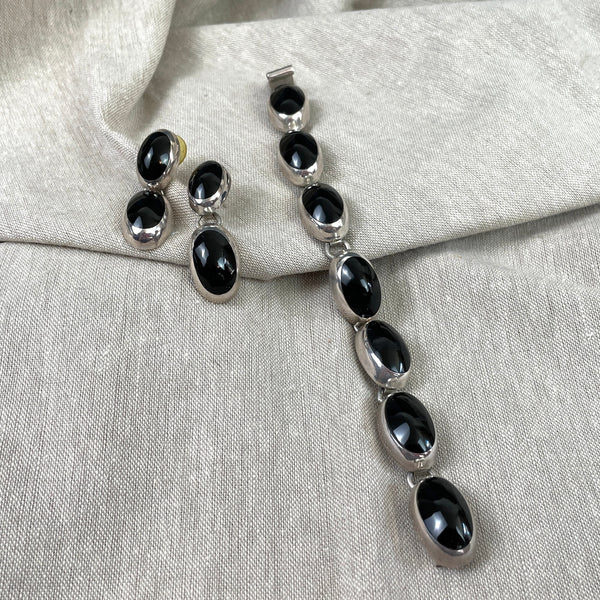 Sterling and onyx bracelet and pierced drop earrings - made in Mexico - NextStage Vintage