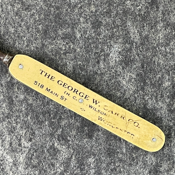 Antique celluloid advertising letter opener - turn of the century - Worcester, MA - NextStage Vintage