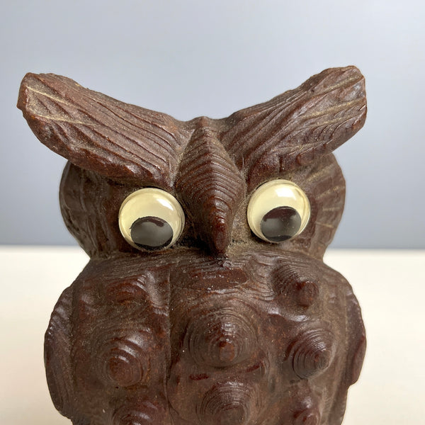 Carved Japanese wooden owl with wiggle eyes - 1970s vintage - NextStage Vintage