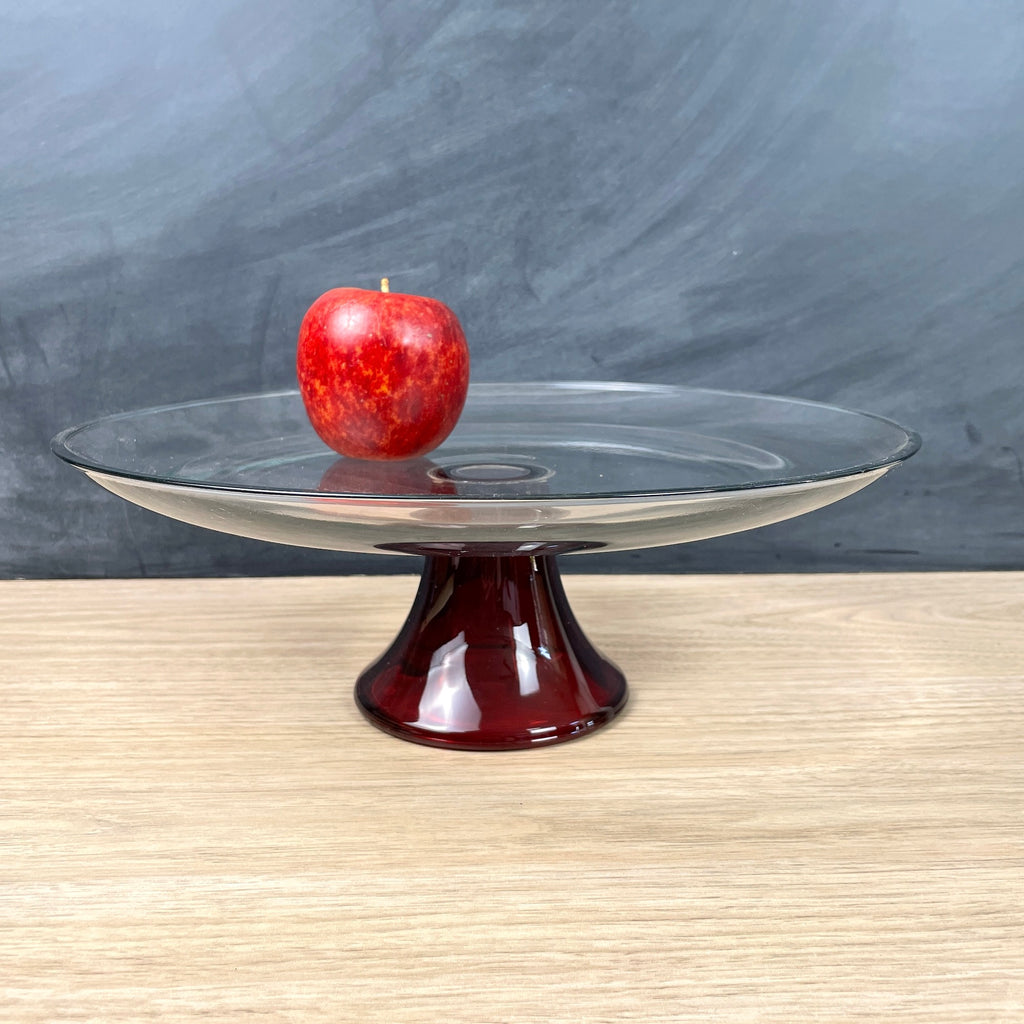 Anchor Hocking cake stand - ruby red pedestal, clear plate - vintage - NextStage Vintage