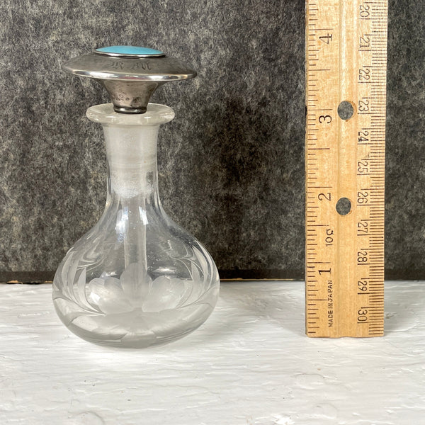 Sterling and ground glass perfume bottle with guilloche inset - antique scent bottle - NextStage Vintage
