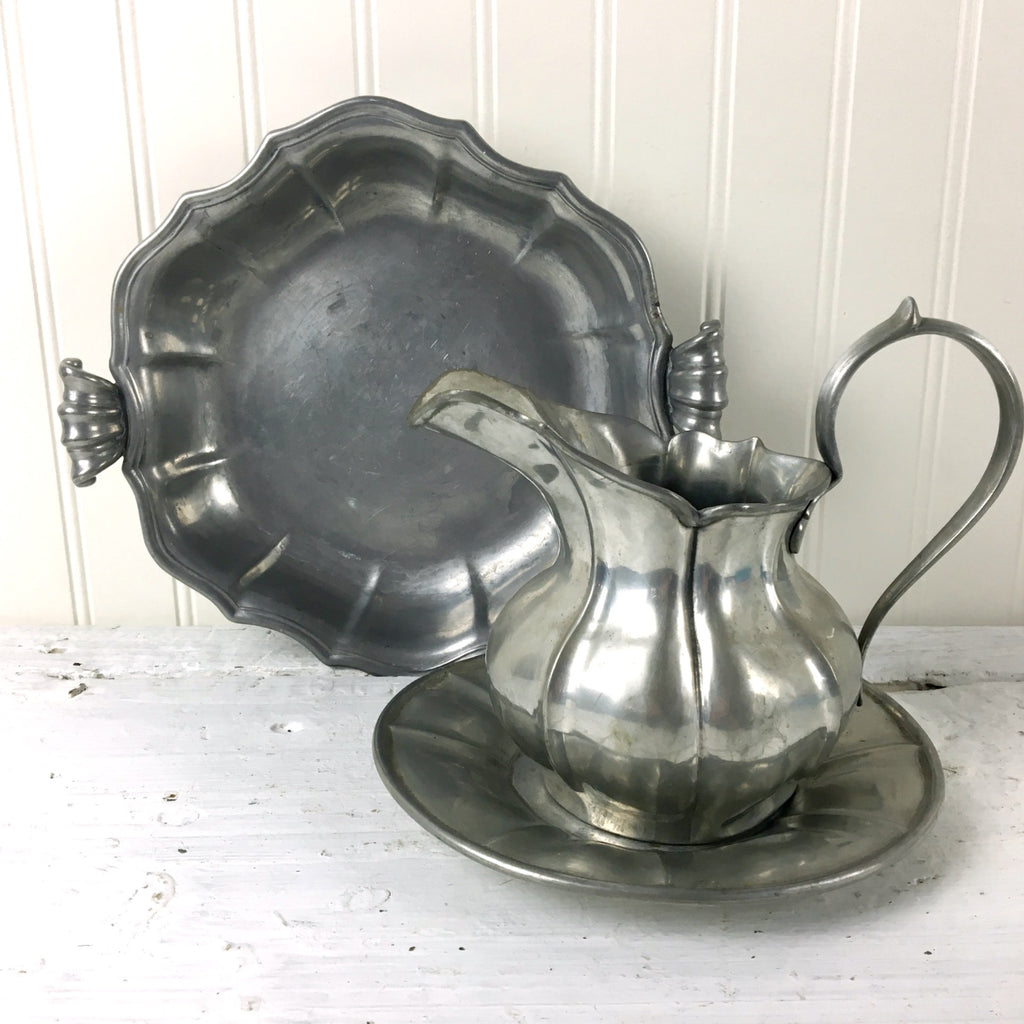 Italian pewter - vintage fluted milk pitcher, plate, bowl - AE with angel mark - NextStage Vintage