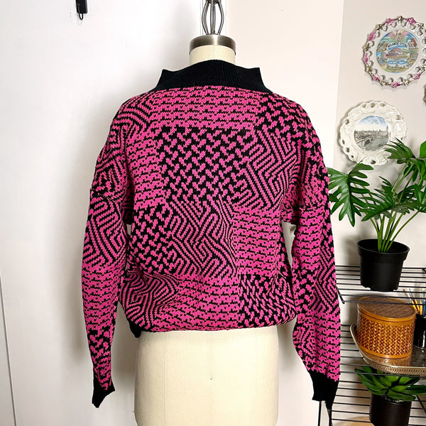 80s pink and black jacquard sweater - NWT - size large - NextStage Vintage