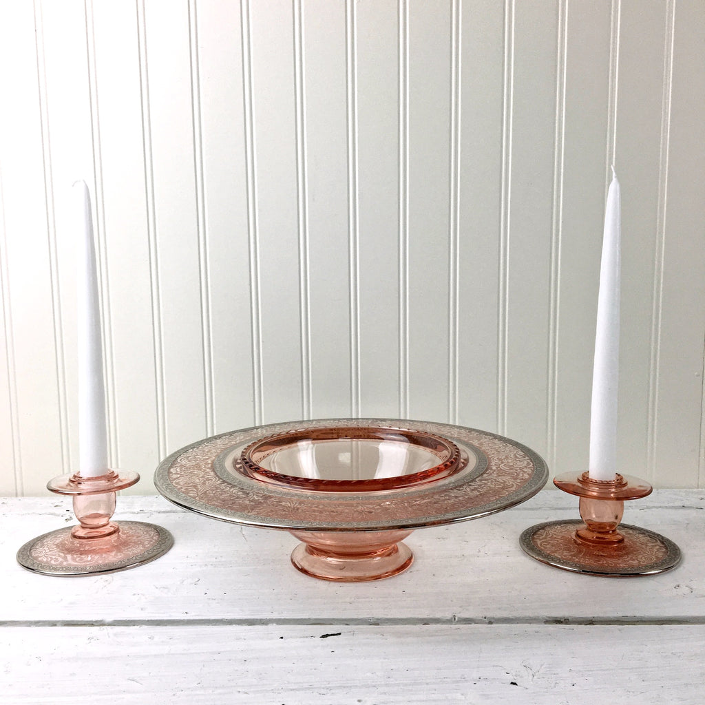 Tiffin Glass pink etched centerpiece bowl and candleholders - 1920s vintage - NextStage Vintage