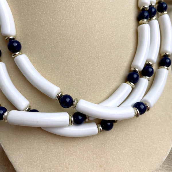 White, blue and gold plastic 3 strand necklace - 1980s costume jewelry - NextStage Vintage