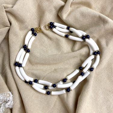 White, blue and gold plastic 3 strand necklace - 1980s costume jewelry - NextStage Vintage