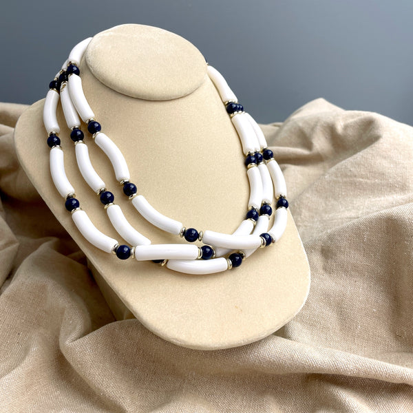White, blue and gold plastic 3 strand necklace - 1980s costume jewelry - NextStage Vintage